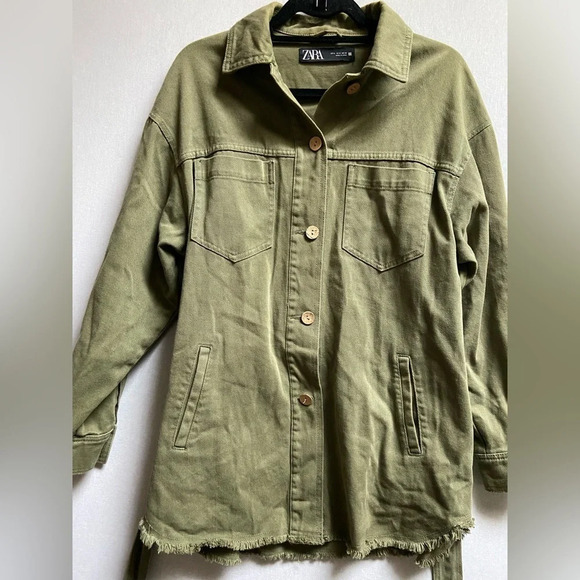 Zara  frayed hem shirt belted button oversized jacket Sz S - Picture 3 of 10